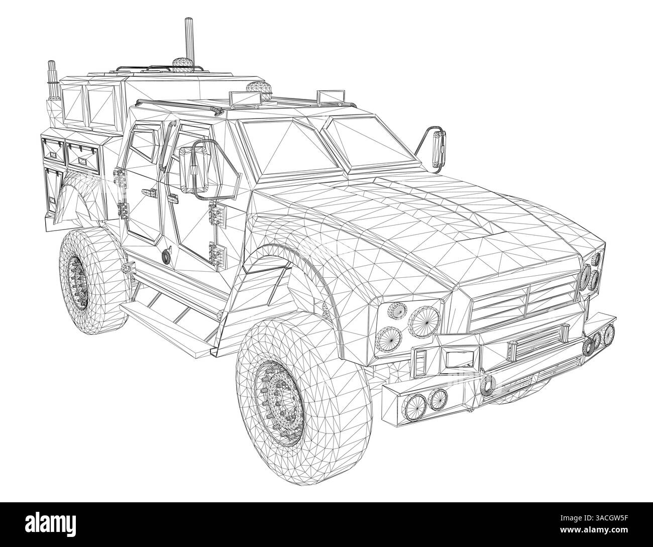 Dessin en noir et blanc d'un véhicule militaire avec une grande roue avant. Le véhicule est stationné et a une grande porte sur le côté Illustration de Vecteur
