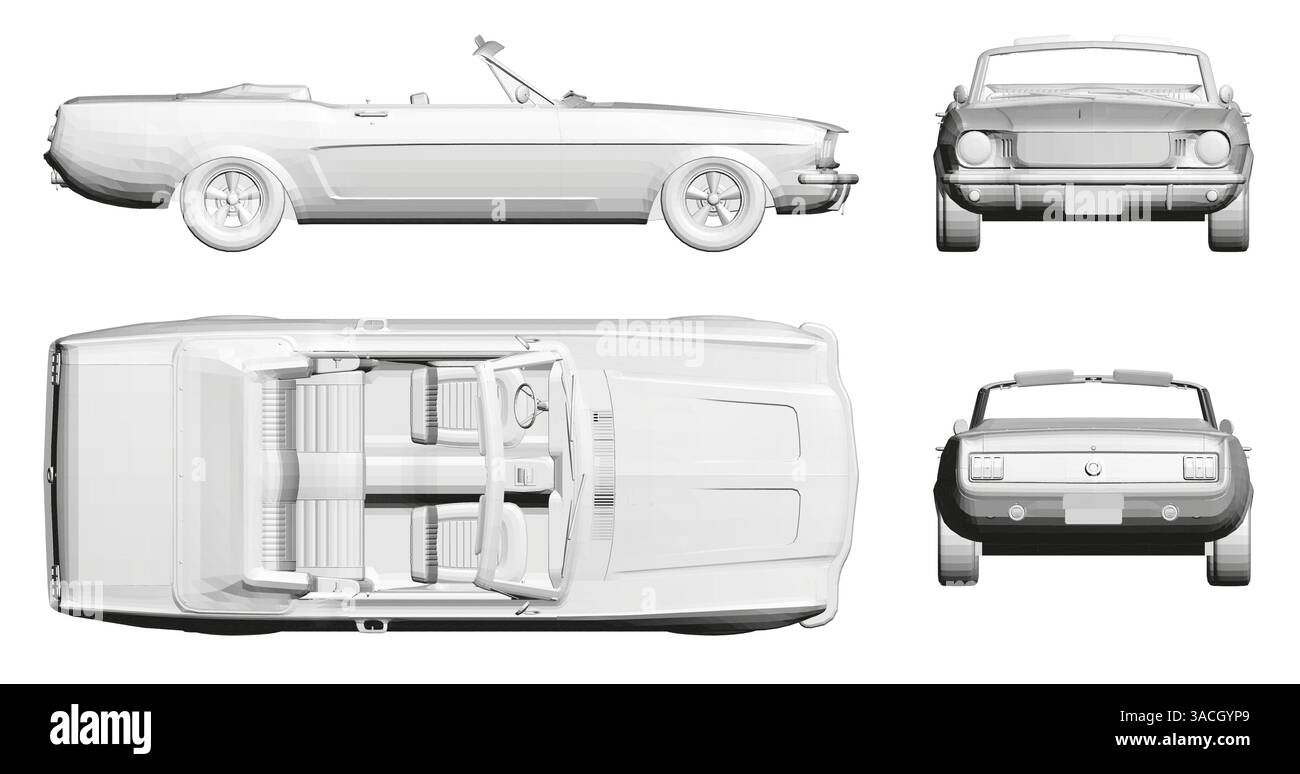 Une voiture blanche avec une capote est montrée de côté, de haut en bas. La voiture est un modèle classique et a un design élégant Illustration de Vecteur