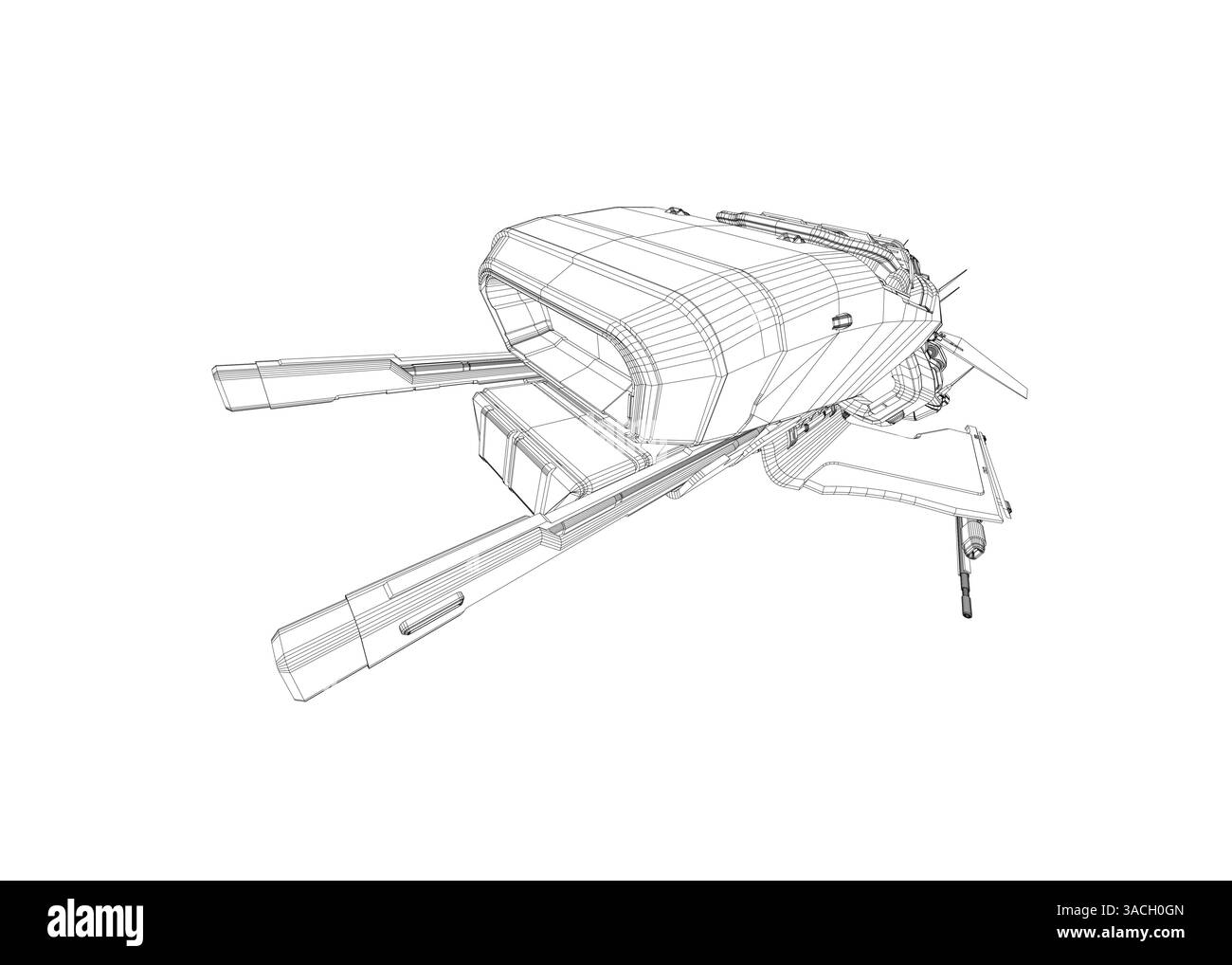 L'image est un dessin en noir et blanc d'un vaisseau spatial futuriste avec une grande aile et une petite aile. Le navire est conçu pour voler à travers l'espace et est Illustration de Vecteur