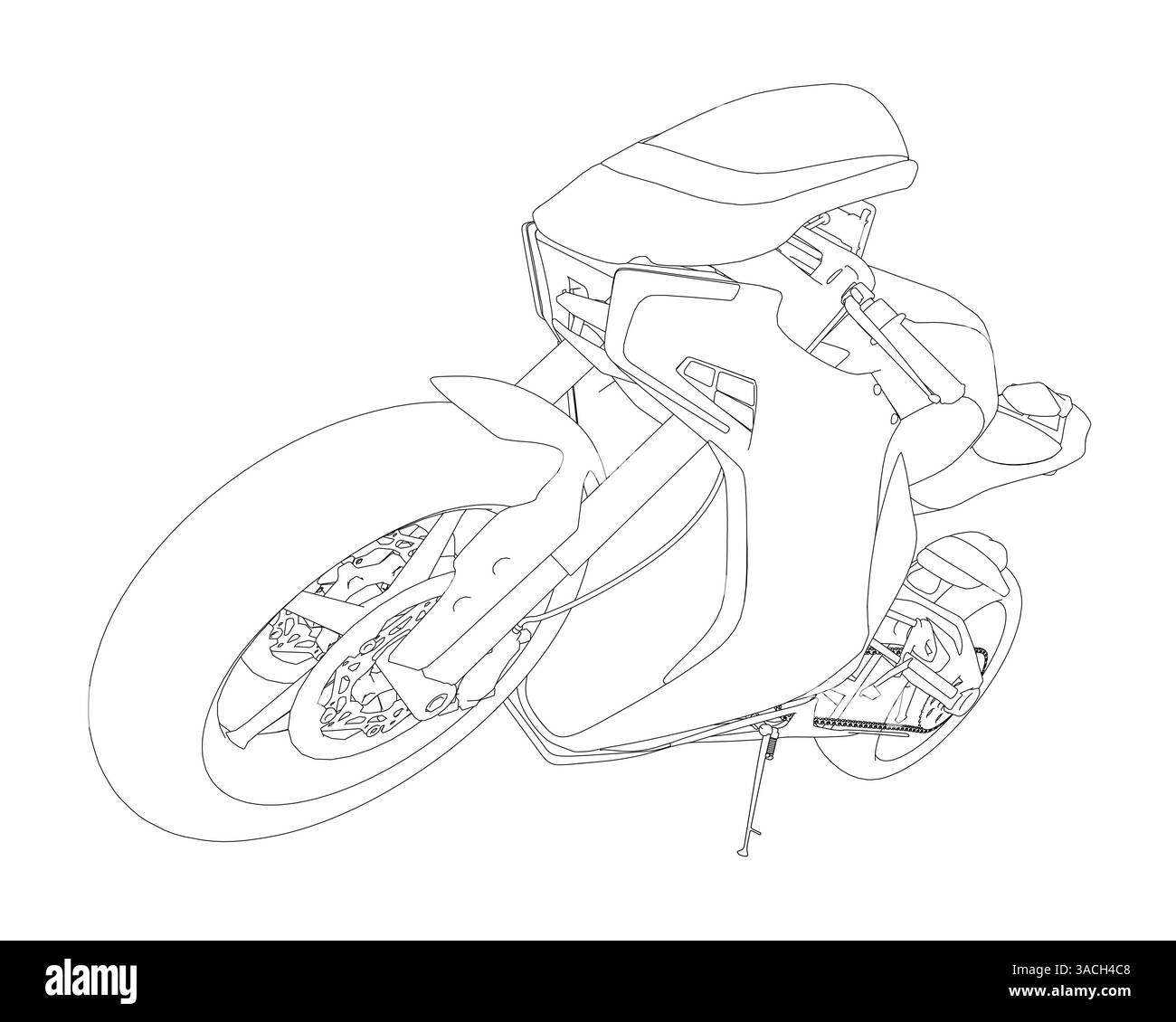 Dessin noir et blanc d'une moto. La moto est montrée de manière très détaillée, avec les pneus, le siège et le guidon tous clairement visibles Illustration de Vecteur