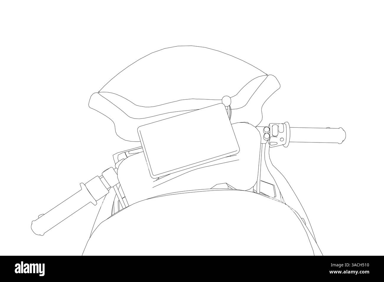 Une moto avec un dessin noir et blanc d'un support de téléphone portable sur le guidon. Le support est fixé au guidon avec une sangle Illustration de Vecteur