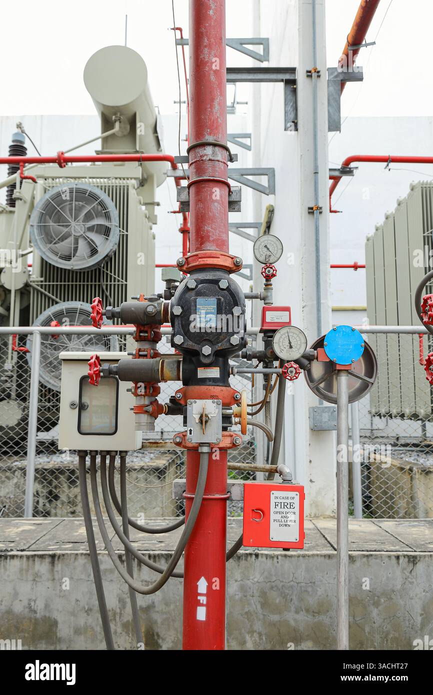 Vanne de régulation d'eau, vanne sur pompe à eau dans un industriel pour l'alimentation en eau haute pression. Tuyaux d'arrosage d'eau et système de contrôle de pression. Banque D'Images