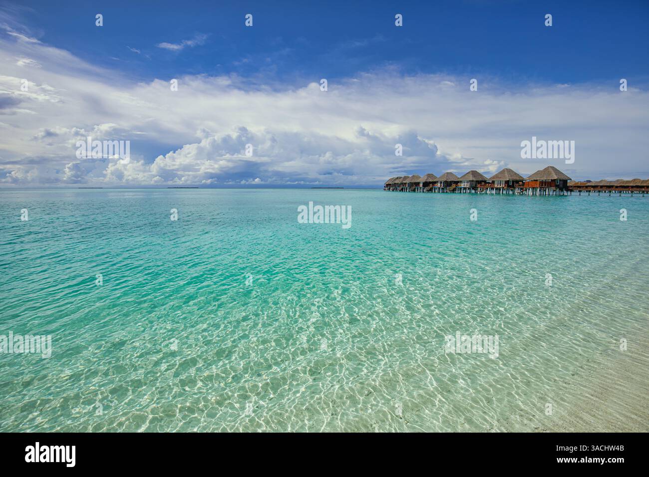 Belles villas sur l'eau aux Maldives avec pont de pied de jetée en bois au soleil, concept de voyage de vacances. Destination de luxe, mer tropicale immaculée Banque D'Images