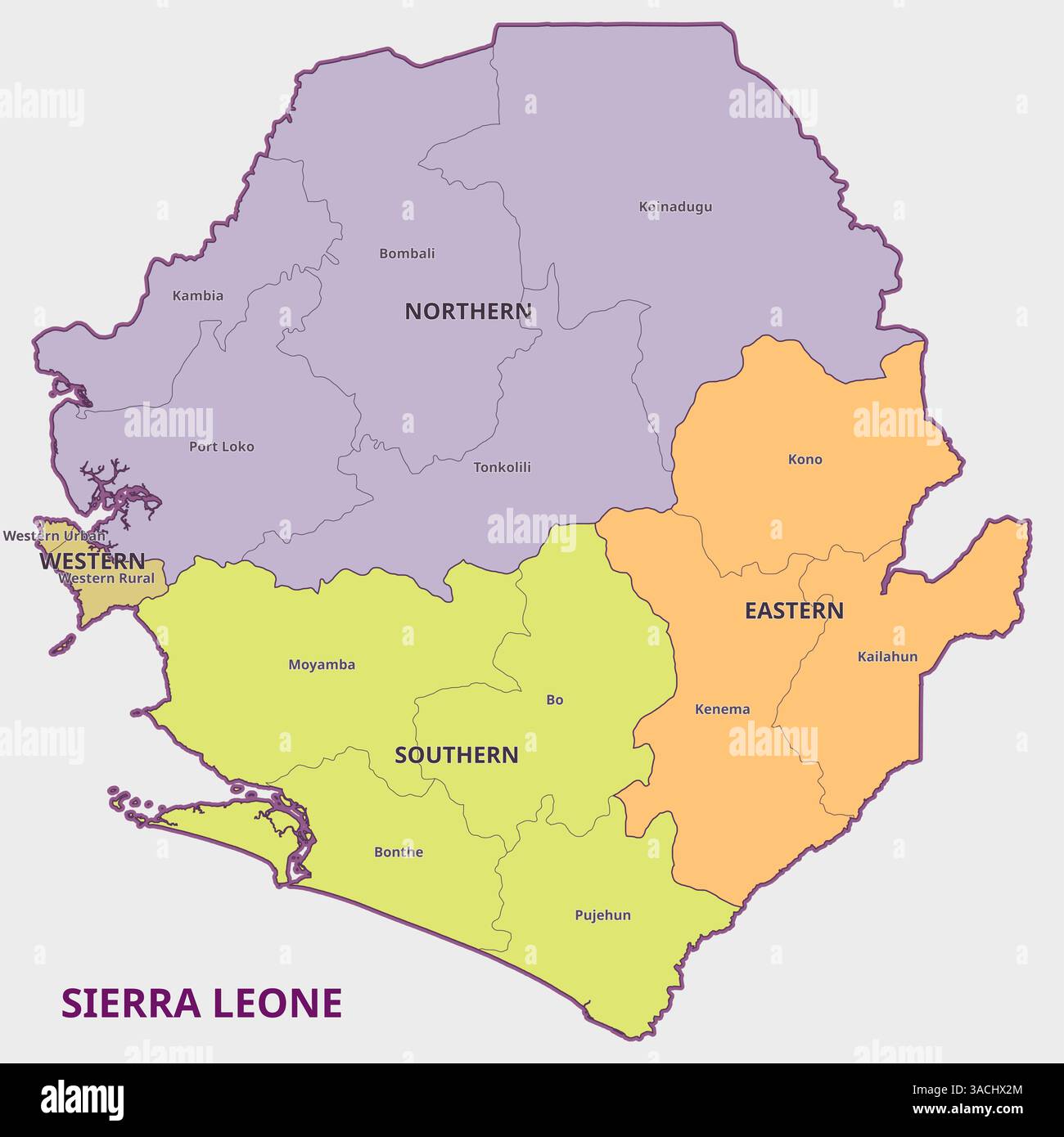 Carte de la Sierra Leone montrant les divisions administratives Illustration de Vecteur