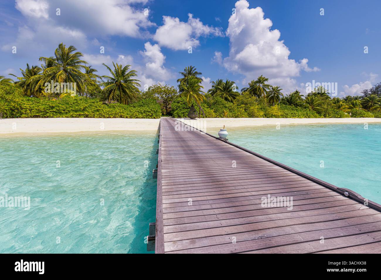 Concept de paysage de voyage étonnant. Belle meilleure île tropicale des Maldives et chemin de jetée en bois. Plage ensoleillée mer baie cocotiers palmiers sur ciel bleu Banque D'Images