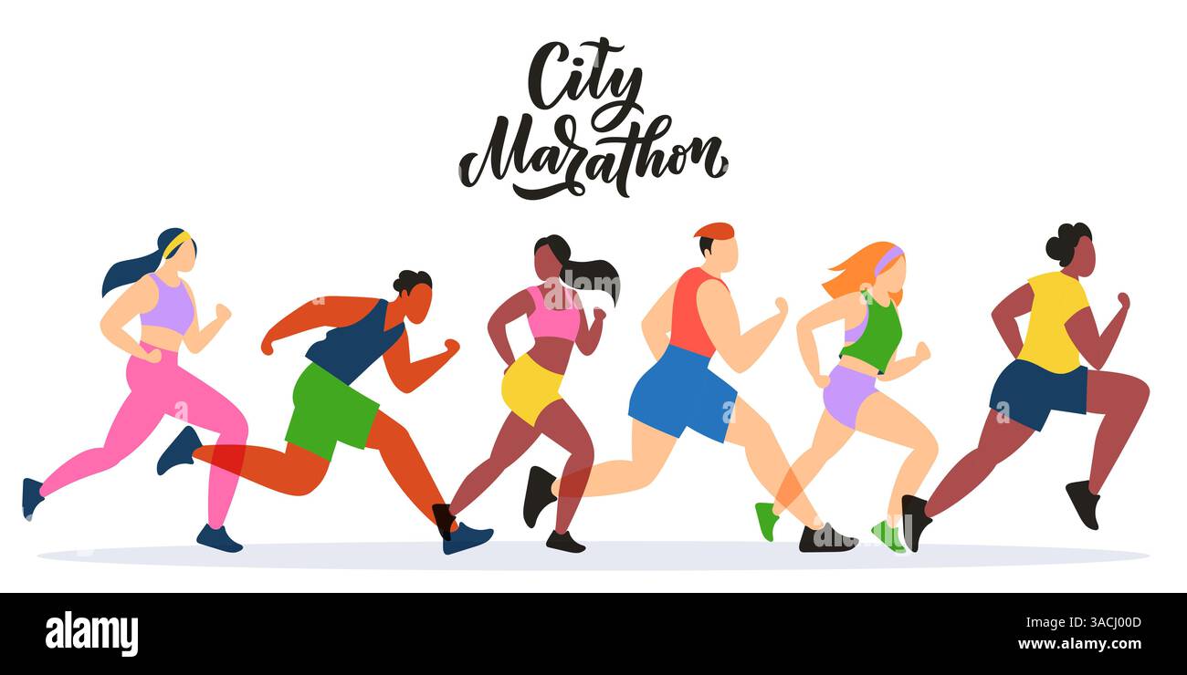 Éléments de conception d'affiche de bannière de marathon de ville. Gens de course colorés sur fond blanc. Illustration vectorielle plate. Sport de plein air et mode de vie sain Illustration de Vecteur