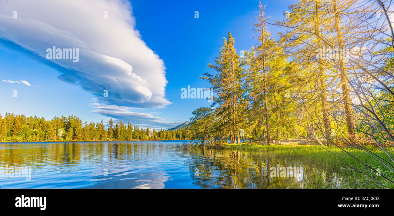 Lac de montagne en été. superbe paysage naturel extérieur. Forêt de pins avec de grands arbres sur le rivage reflétant dans l'eau claire. nuages de ciel bleu profond Banque D'Images