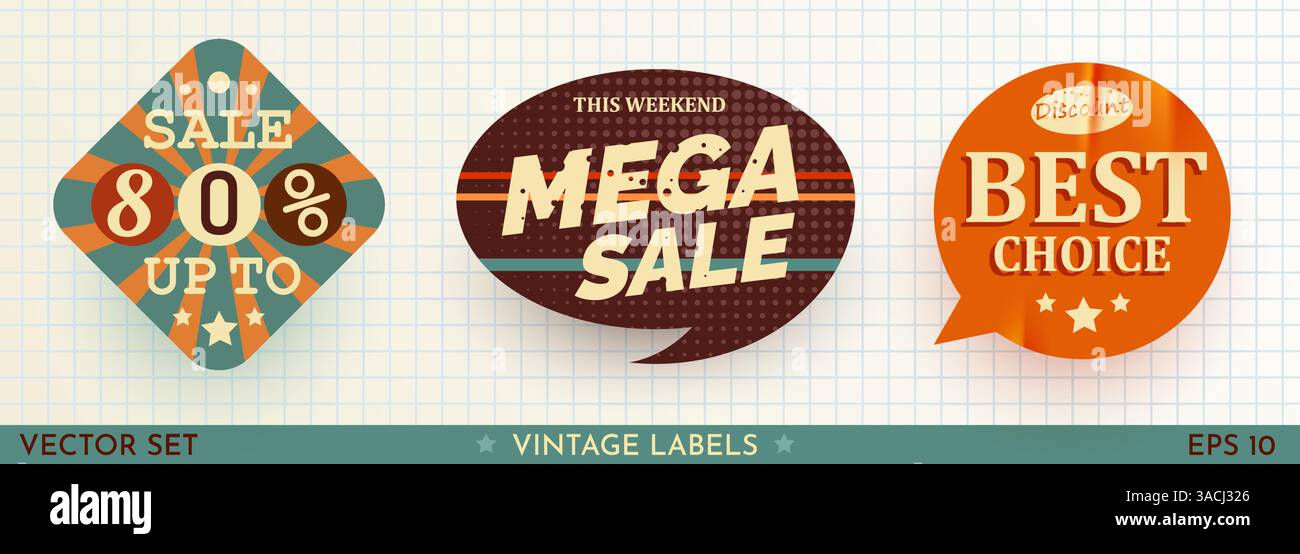 Ensemble d'autocollants de vente Retro Design. Étiquettes de rabais tendance cool. Badges d'offre spéciale Vector. Illustration vectorielle Illustration de Vecteur