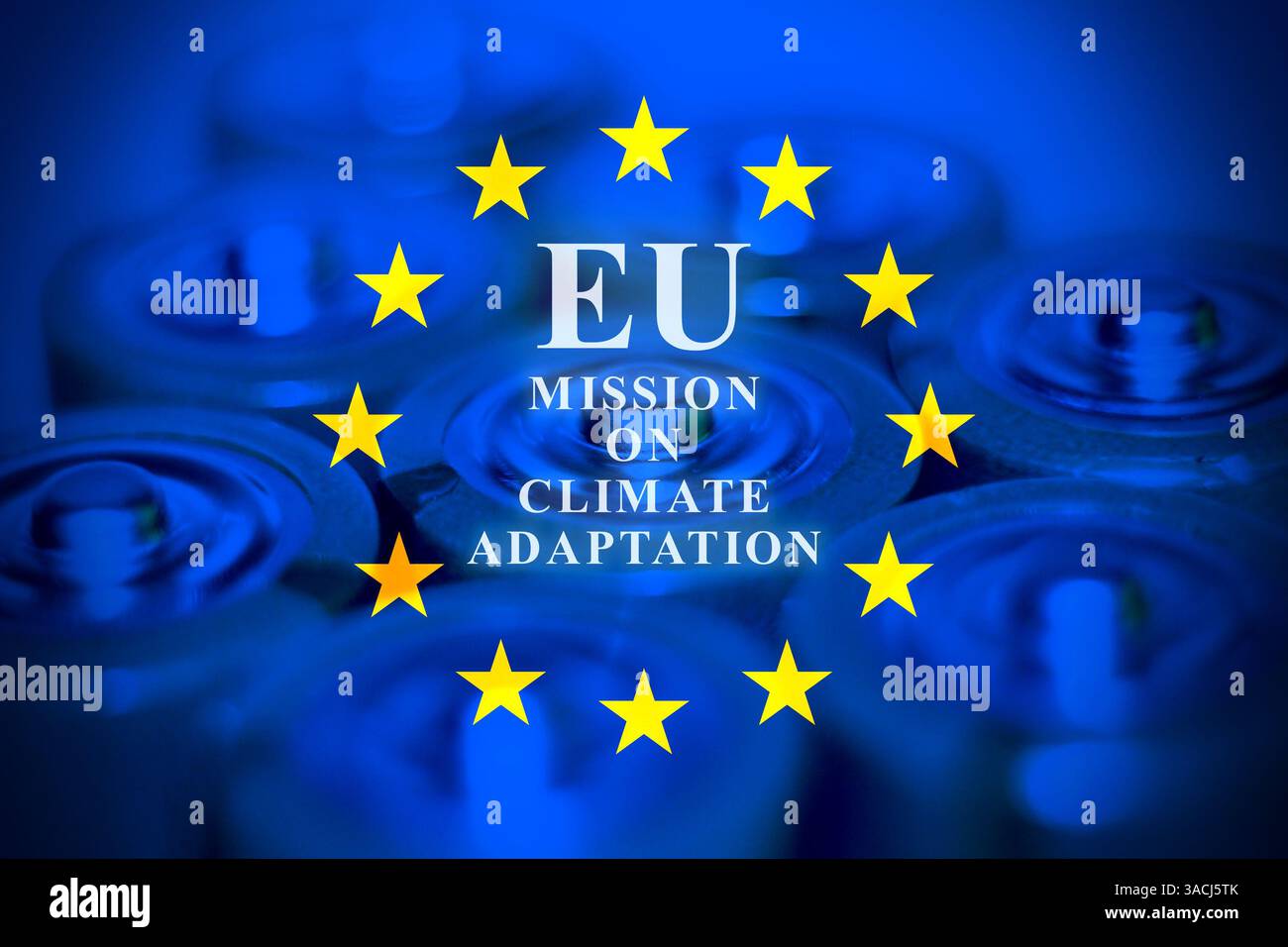Gros plan sur les batteries avec drapeau européen et le texte "Mission sur l'adaptation au climat" Banque D'Images
