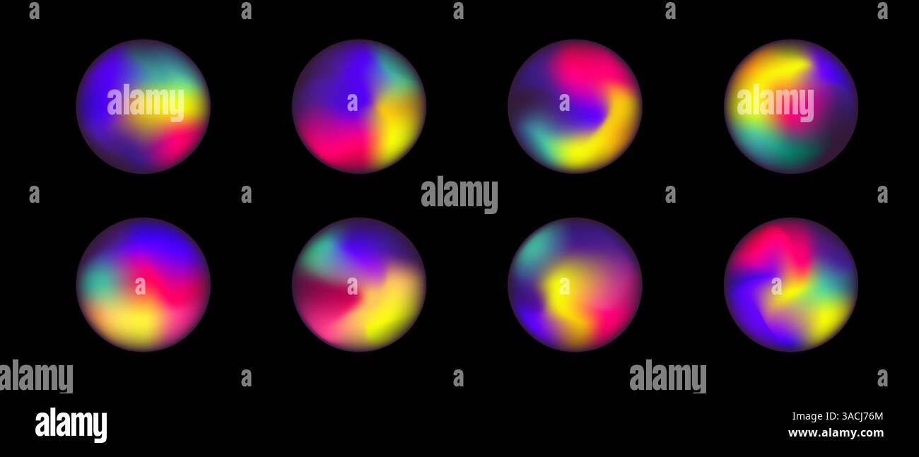 Ensemble de gradients de maille de cercles holographiques brillants sur fond noir, boule de gradient d'accumulation d'énergie liquide d'illustration vectorielle Illustration de Vecteur