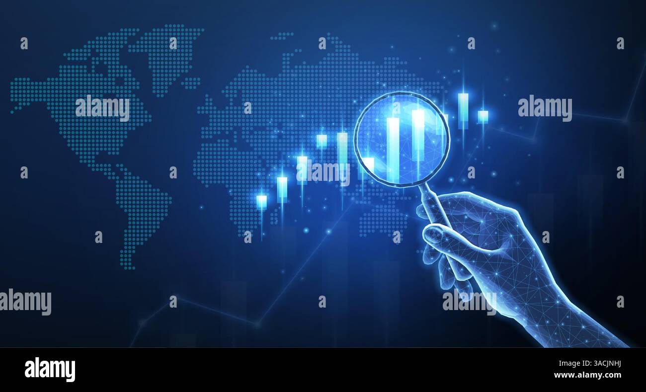 Main avec loupe et graphique boursier sur la carte du monde numérique Illustration de Vecteur