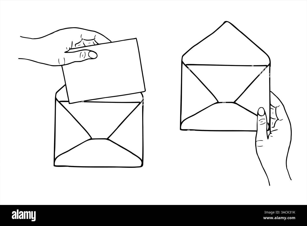 Ensemble d'illustrations isolées vectorielles ouvertes peintes par des encres noires. Main humaine mettant lettre vierge et main tenant enveloppe. Modèle monochrome Illustration de Vecteur