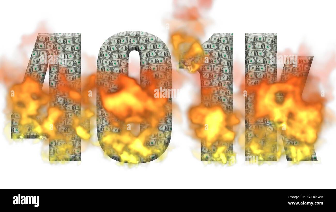 Composite numérique 401k dans la police d'impact avec une superposition de dollars américains montant en flammes le 401k est un plan de retraite des employés pour les Américains. Senior, revenu, contributions, États-Unis, Amérique, épargne, inflation, valeur, dévaluation, bourse, Banque D'Images