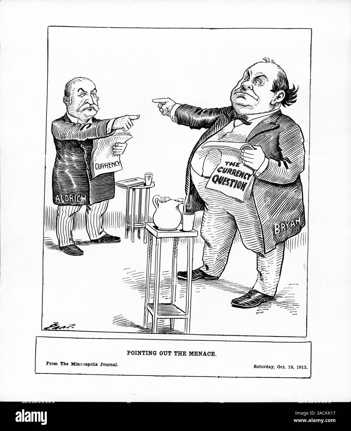Cette image montre William Jennings Bryan et Nelson Aldrich tenant chacun une copie de la question de la monnaie, soulignant leurs points de vue divergents sur la réforme monétaire. Les deux considéraient l’autre comme une menace majeure pour leur vision de la politique monétaire américaine. Banque D'Images
