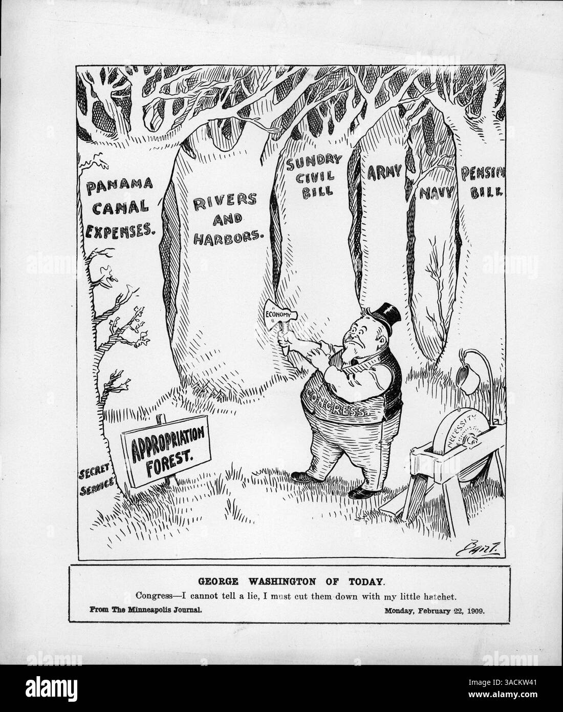 Caricature politique représentant le Congrès confronté à de nombreux crédits avec une petite hachette, symbolisant le défi de l’équilibre budgétaire. La légende dit : « je dois les abattre avec ma petite hachette. » Banque D'Images