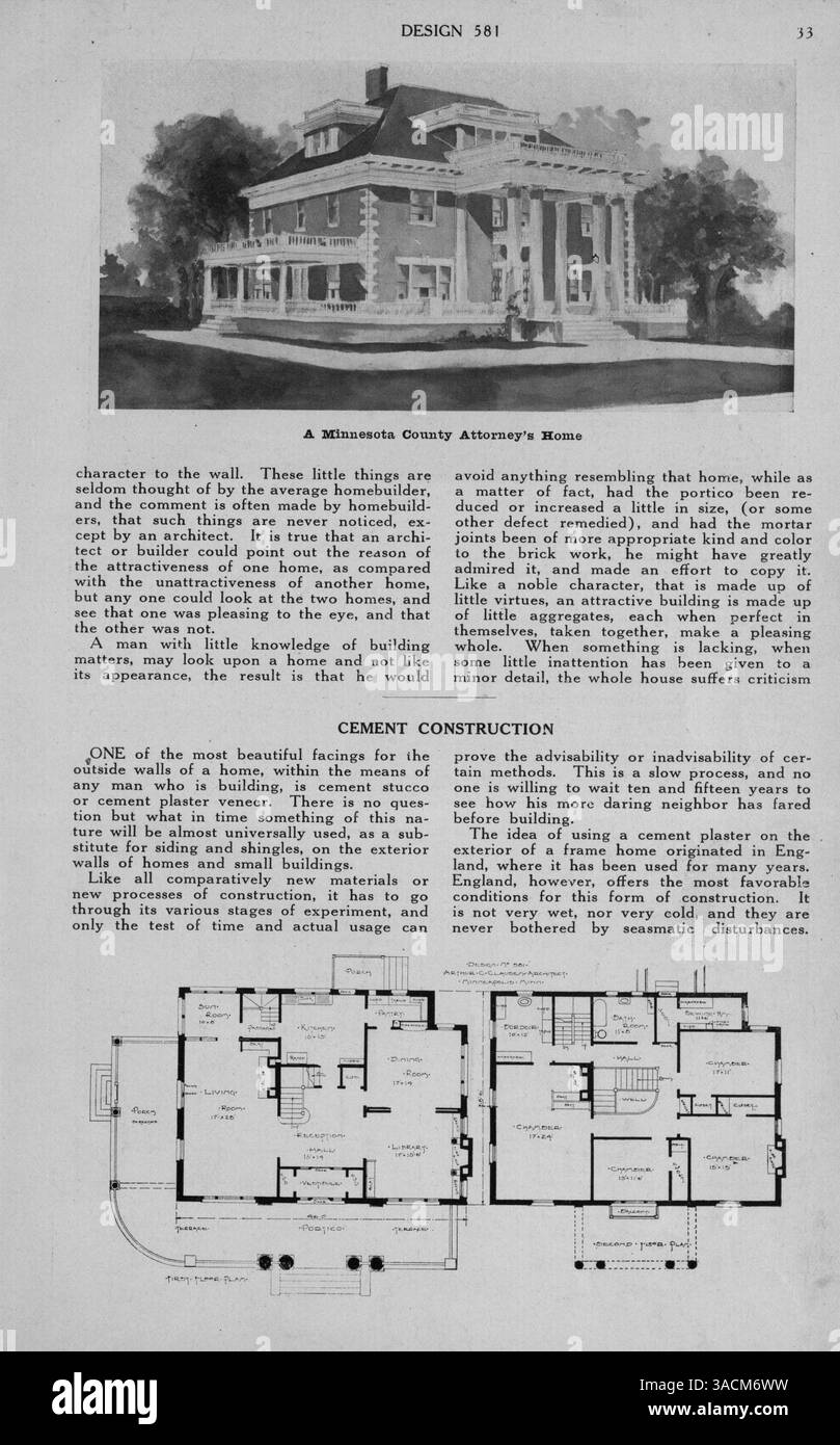 Ce manuel de 1913 fournit des dizaines de plans de maisons, des recommandations pour les matériaux de construction et des solutions pratiques pour les problèmes de construction de maisons comme le placement des fenêtres, les cheminées et la taille des pièces. Banque D'Images