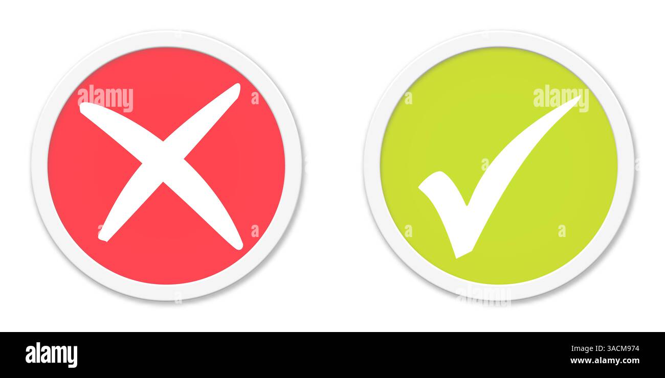 Bouton rond vert et rouge avec bordure blanche : cochez et cochez Banque D'Images