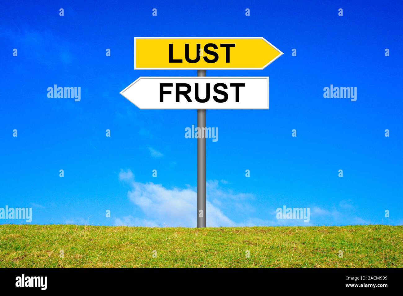 Panneau de signalisation sur un pré vert pointe dans le sens du plaisir ou de la frustration Banque D'Images