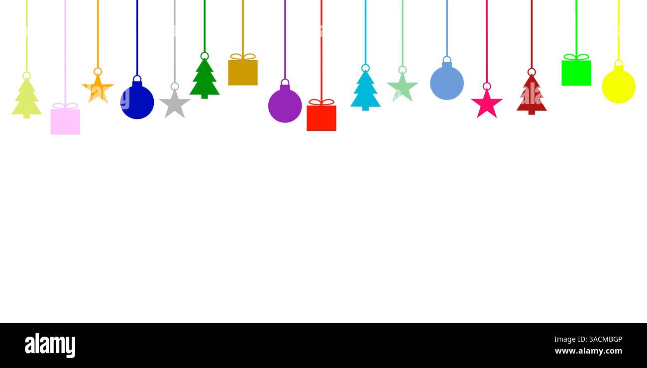 Décorations de Noël colorées sur un fond blanc avec espace texte Banque D'Images