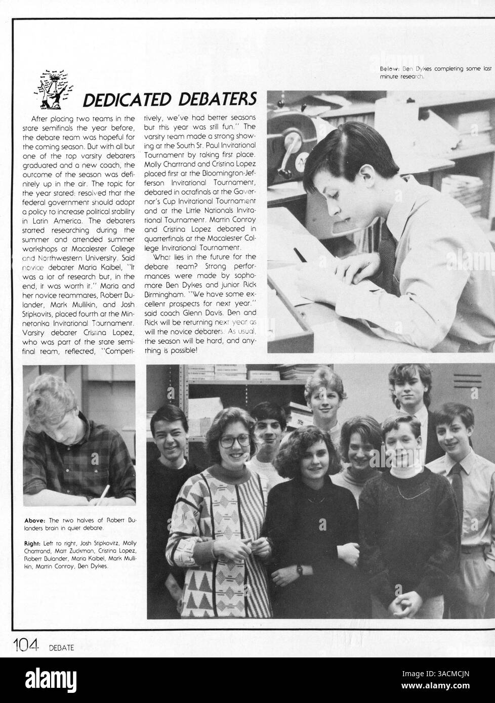 L'annuaire « Tiger » de 1988 de South High School présente des portraits d'étudiants, des athlètes, des clubs scolaires, des professeurs et des événements de l'année scolaire 1987-1988. Banque D'Images