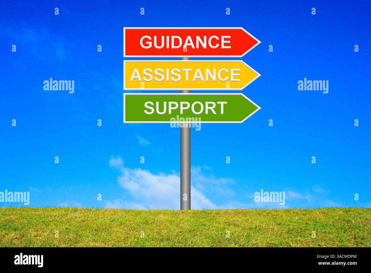 Panneau vert jaune rouge sur prairie verte devant le ciel bleu indique le soutien à l'aide à l'orientation Banque D'Images