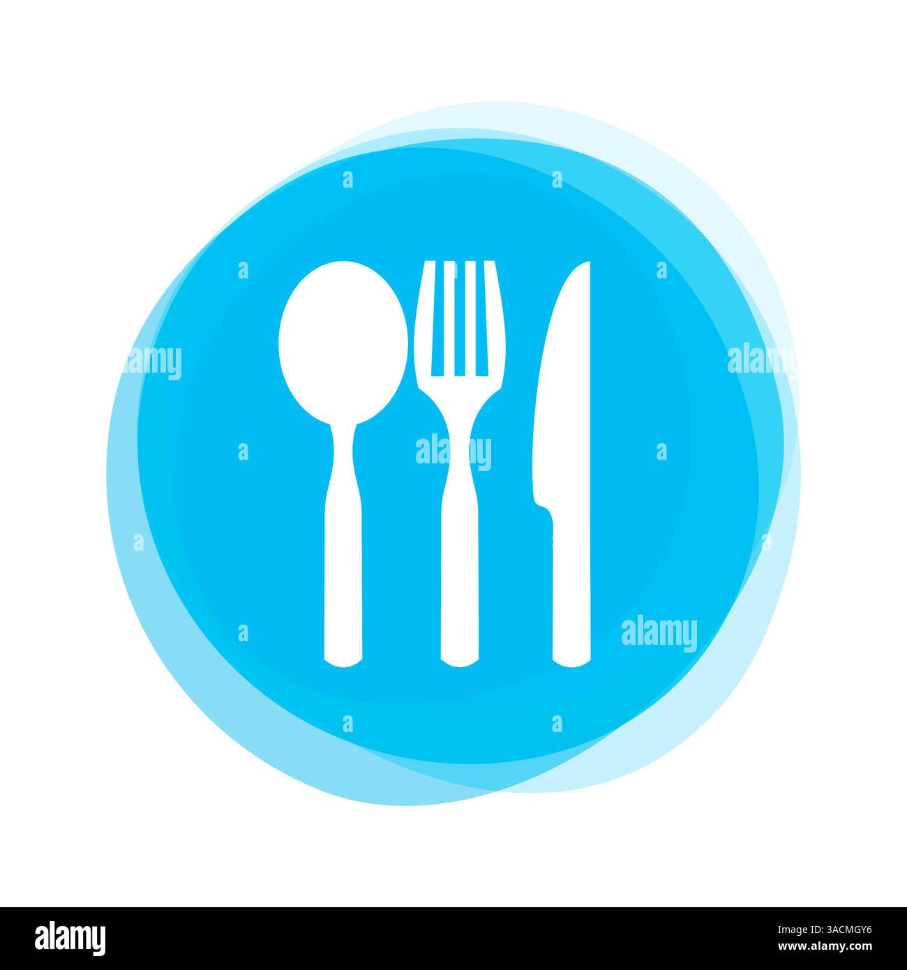 Le bouton rond bleu clair avec bord doux affiche l'icône de la coutellerie : restaurant, nourriture ou cuisine Banque D'Images