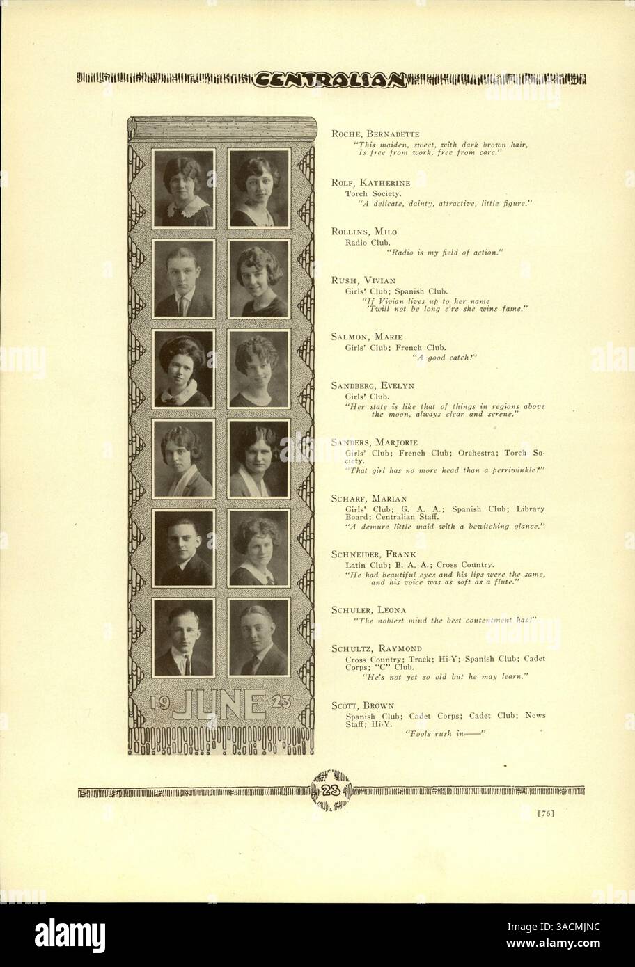 L'annuaire « Centralian » 1923 présente des portraits d'étudiants et de professeurs, des athlètes, des clubs et des événements scolaires importants, tout en documentant l'année scolaire. L'histoire afro-américaine joue un rôle important dans le contenu de l'annuaire et les activités scolaires. Banque D'Images