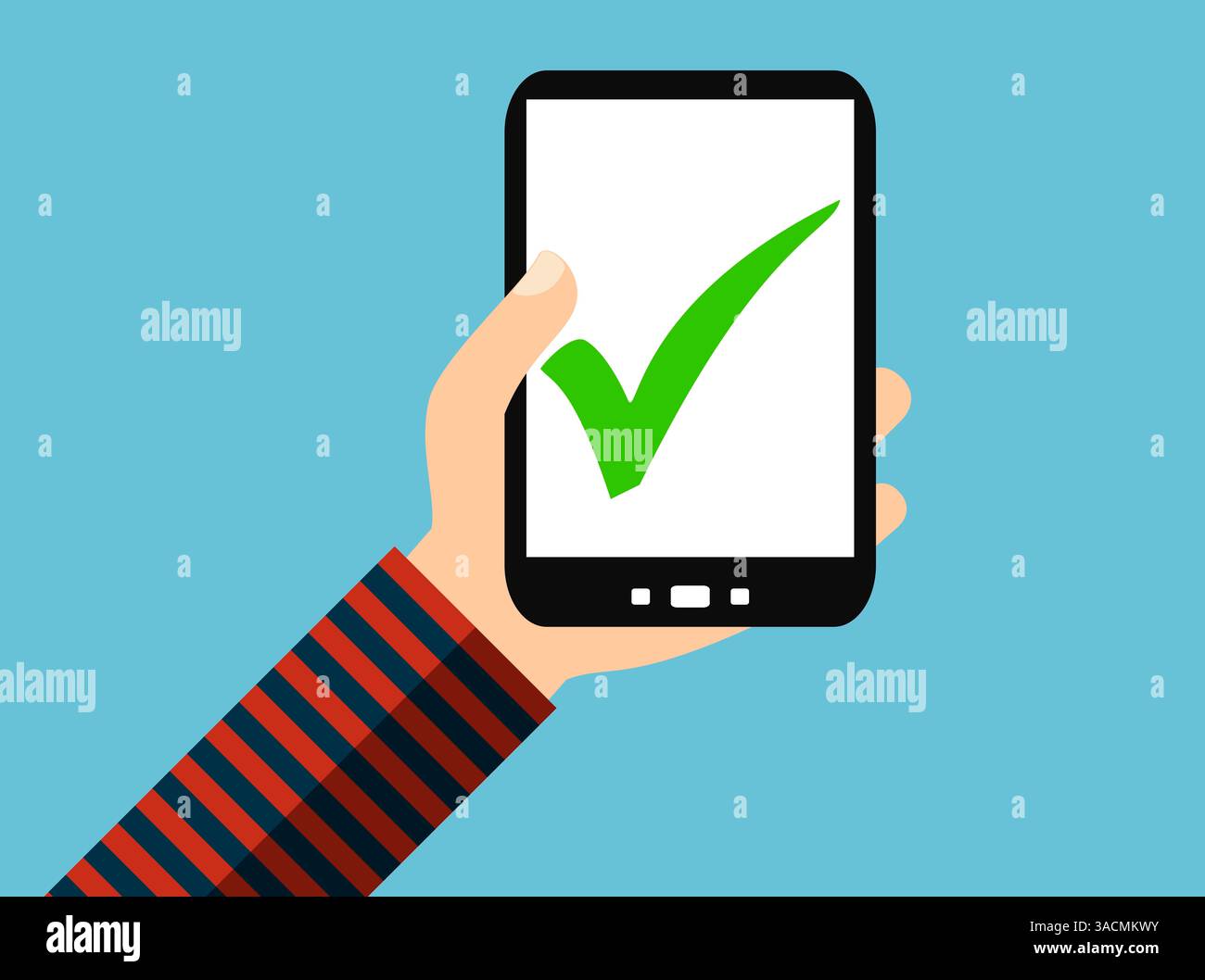 Main tenant le smartphone : coche - conception plate avec fond bleu Banque D'Images