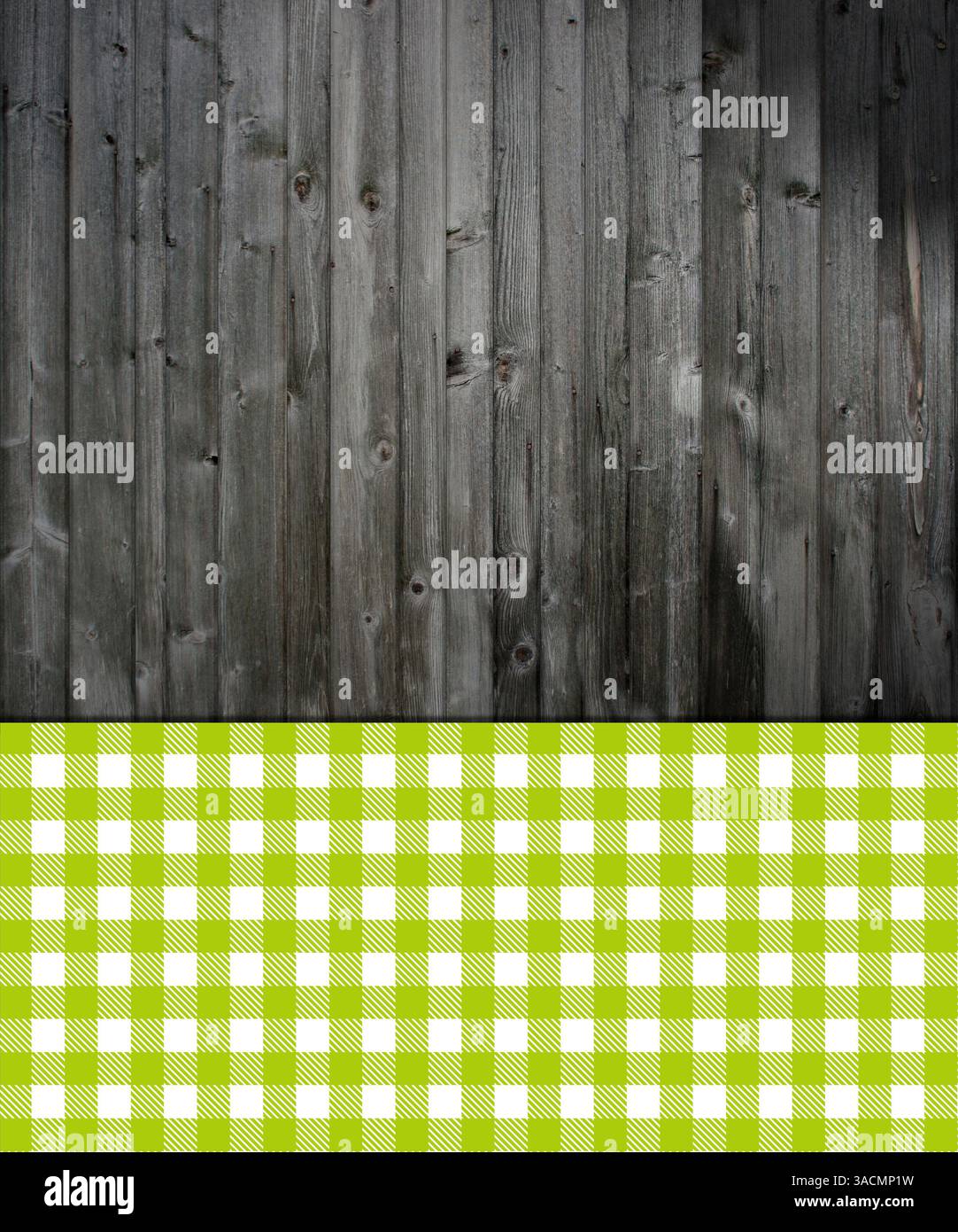 Fond en bois rustique gris avec motif de nappe à carreaux en vert et blanc Banque D'Images