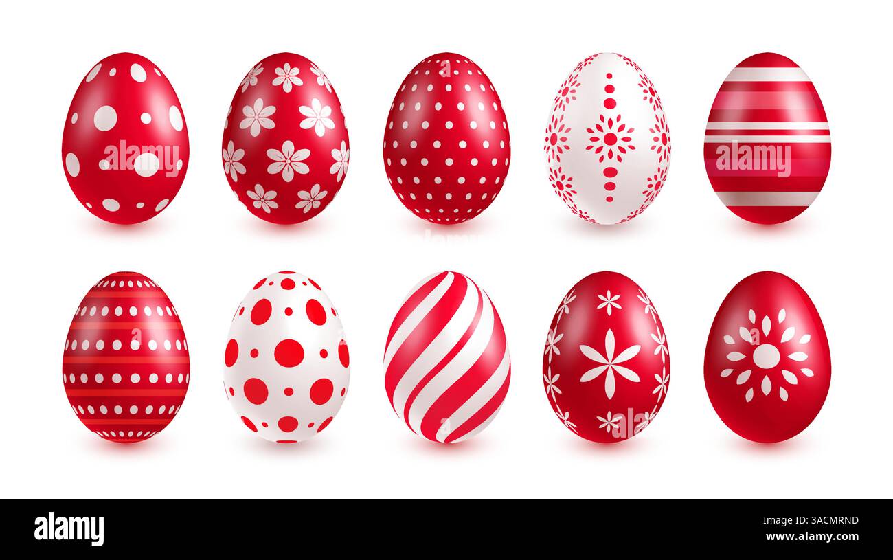 Ensemble d'oeufs de Pâques rouges sur fond blanc. Motif géométrique blanc rouge sur des œufs blancs rouges, Illustration de Vecteur