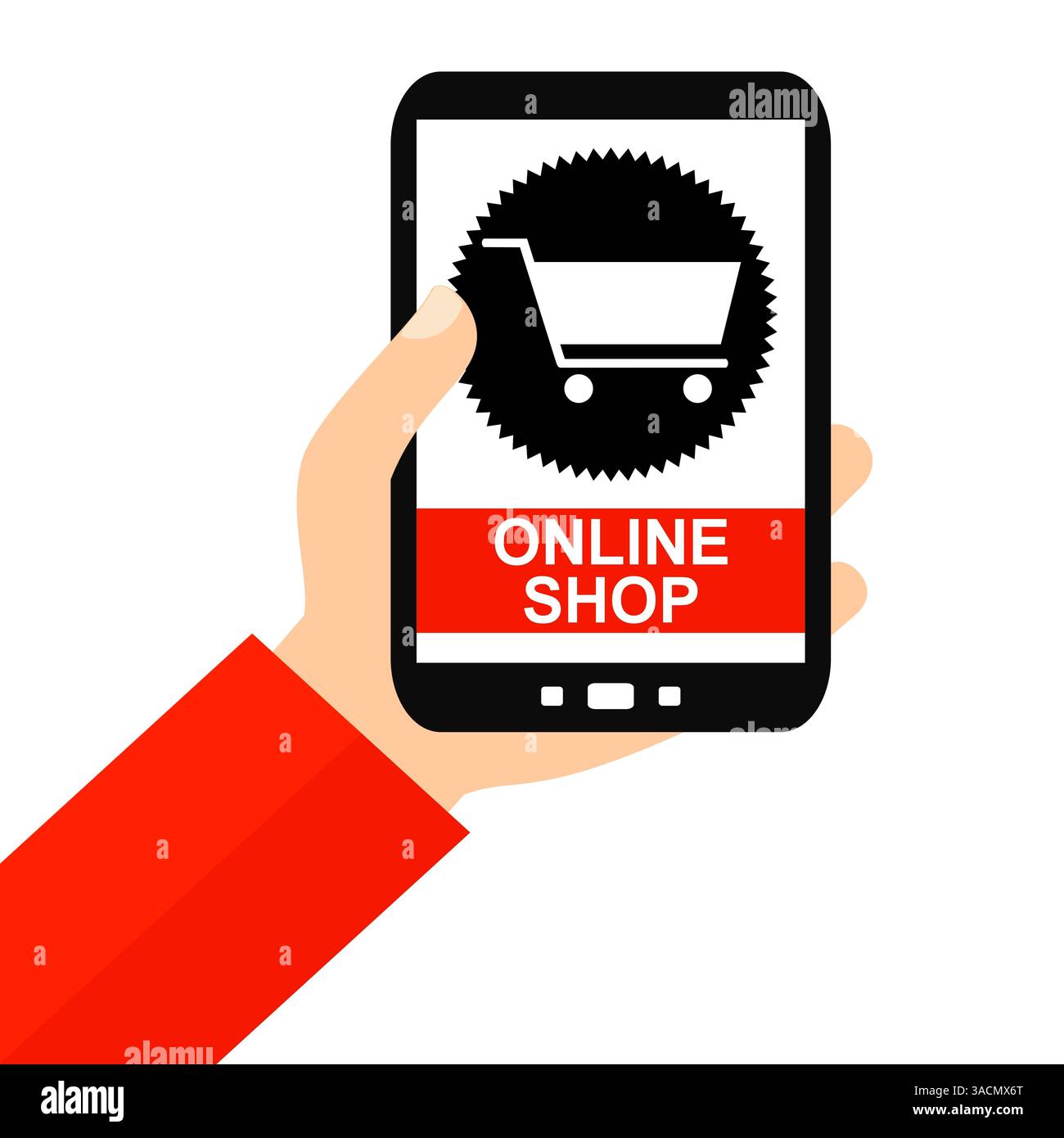 Main avec smartphone : Boutique en ligne - Flat Design Banque D'Images