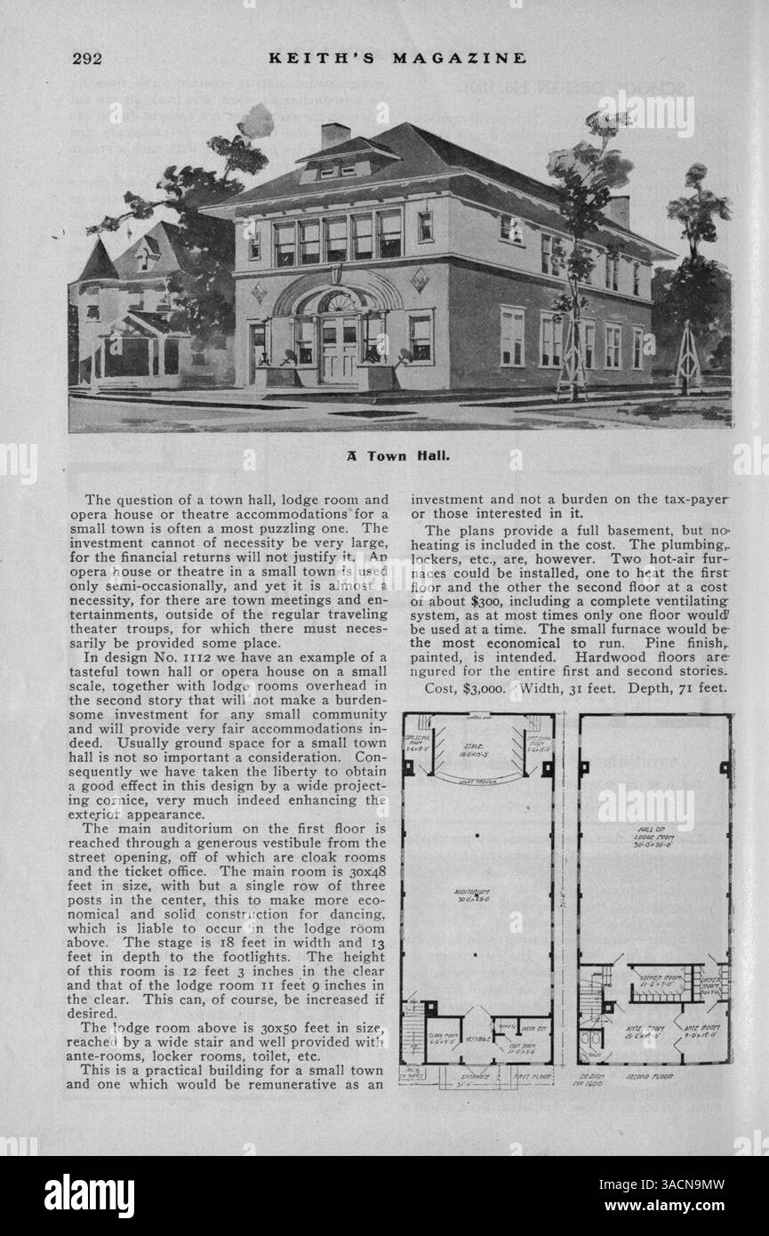 Keith's Magazine, créé en 1904, présente des plans d'étage, des conceptions de maisons et des détails sur les coûts de construction. Les articles se concentrent sur la construction de maisons, la décoration intérieure et l'aménagement paysager. Le magazine comprend des publicités pour les produits de construction et l'ameublement de maison. Certains numéros proposent des plans pour les églises, les écoles et d'autres bâtiments publics. Vol. 11 No. 4 manque des pages. Banque D'Images