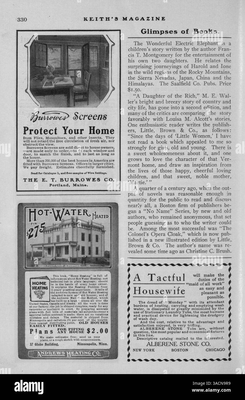 Keith's Magazine, créé en 1904, présente des conceptions de maisons, des plans d'étage et des détails sur les coûts de construction. Il comprend des articles sur la construction de maisons, la décoration intérieure et l'aménagement paysager. Le magazine présente également des publicités pour les produits de construction et l'ameublement. Certains numéros proposent des conceptions de bâtiments publics comme les églises et les écoles. Vol. 11 No. 4 manque des pages. Banque D'Images