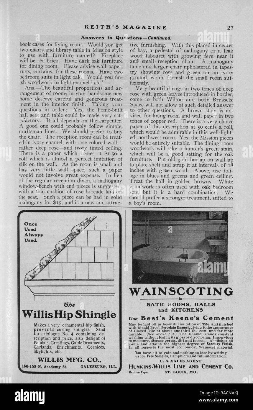 Keith's Magazine, créé en 1904, présente des numéros mensuels présentant des conceptions architecturales, y compris des photographies, des illustrations et des plans d'étage. Le magazine propose des détails de construction, des coûts et des idées de conception pour les maisons dans une variété de styles. Il comprend du contenu supplémentaire sur la décoration intérieure et l'aménagement paysager. Certaines questions portent également sur la conception de bâtiments pour les écoles et les églises, avec des publicités pour les matériaux de construction et l'ameublement. Banque D'Images