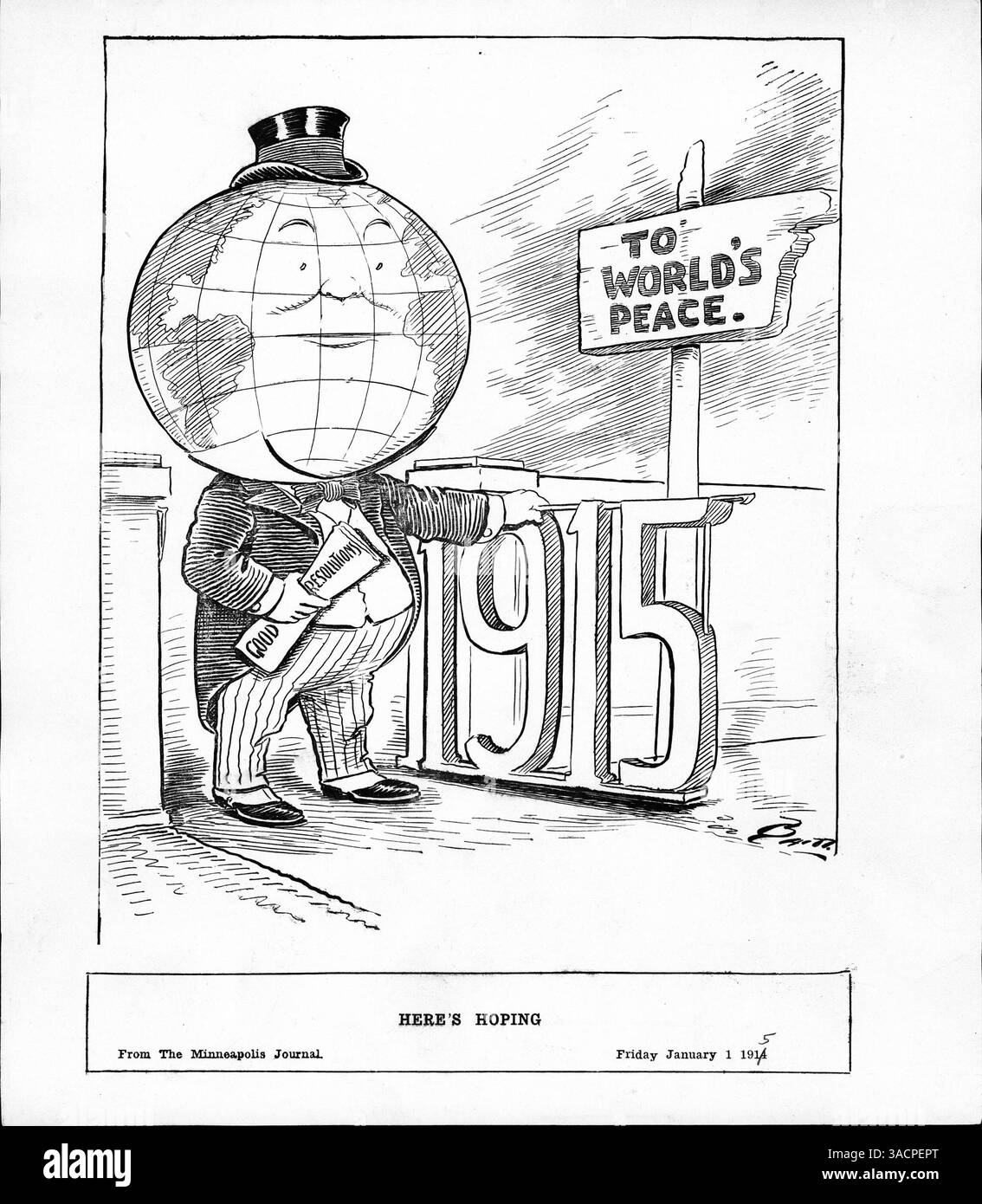 Une caricature de 1915 représentant le monde ouvrant la porte à la nouvelle année, avec des espoirs de paix pendant la première Guerre mondiale. La date de 1914 a été rayée, remplacée par 1915, symbolisant l'avenir incertain. Banque D'Images