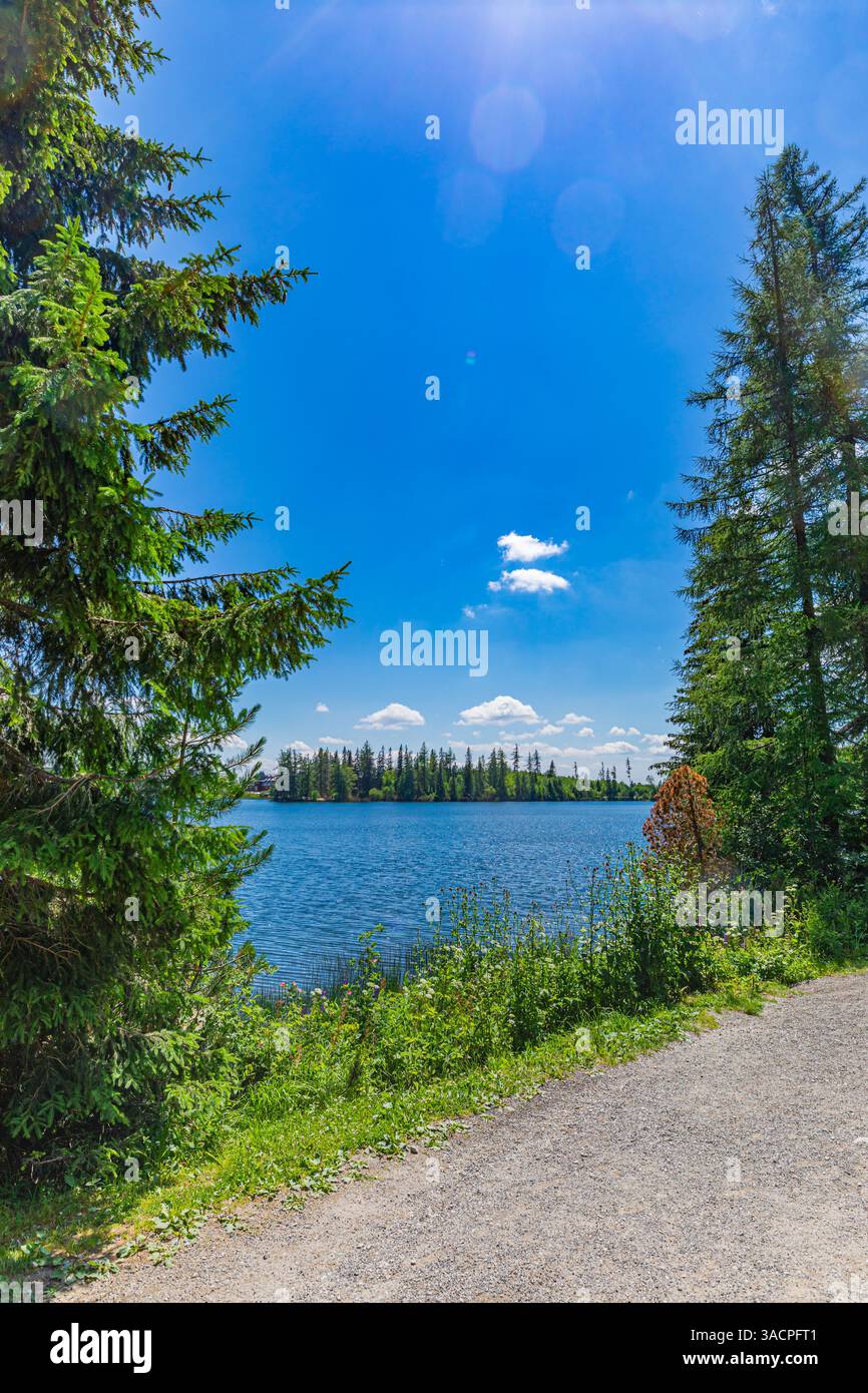 Lac de montagne entouré de sommets et de verdure luxuriante, eau claire du lac reflétant le paysage serein, vue paisible et pittoresque, ciel heureux ensoleillé Banque D'Images