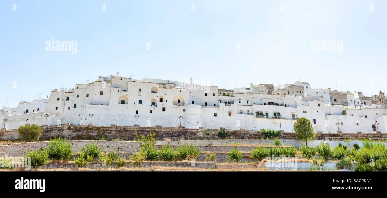 Les bâtiments blanchis à la chaux d'Ostuni, la ville Blanche, créent une ligne d'horizon charmante contre un ciel bleu clair d'été dans les Pouilles, en Italie Banque D'Images