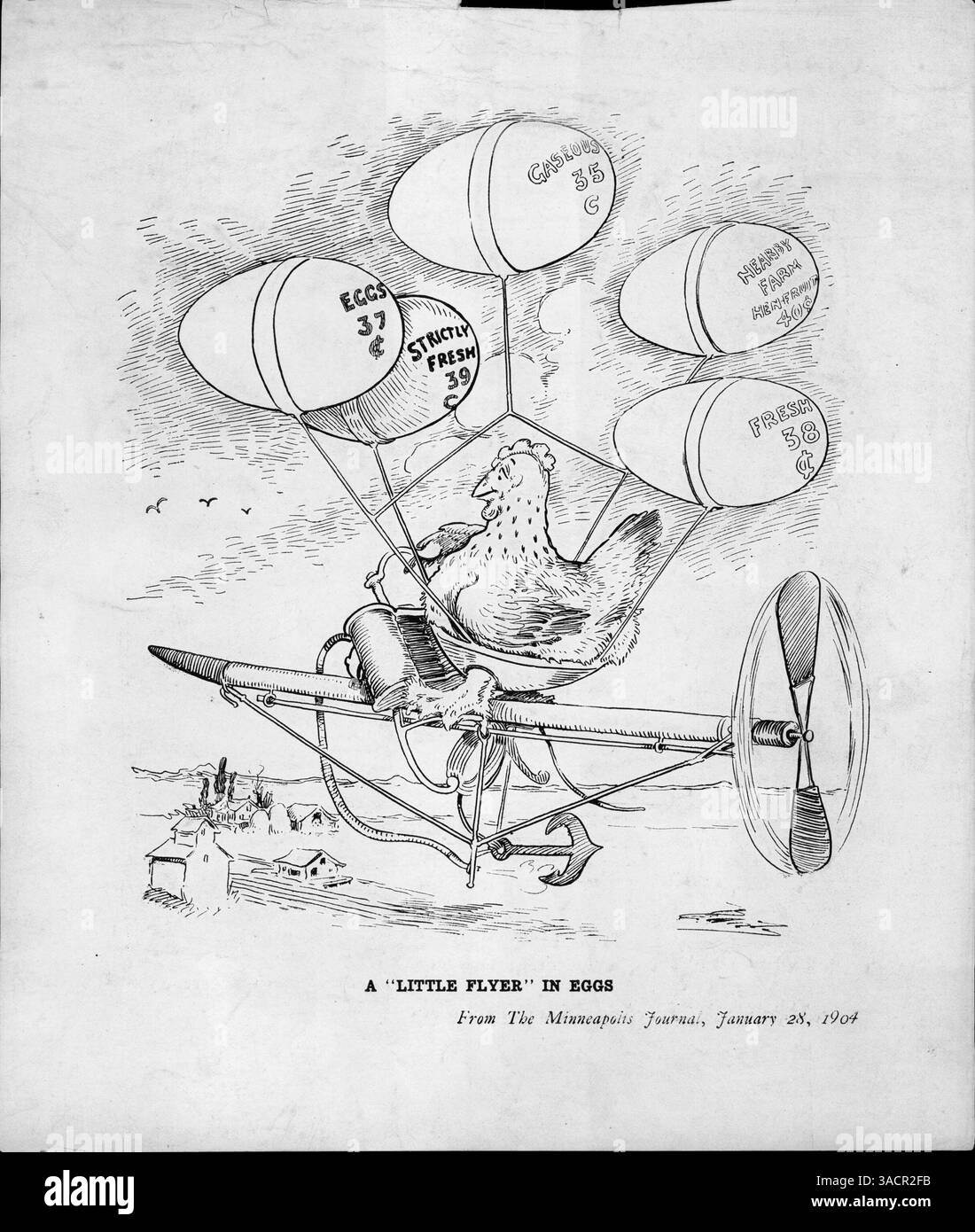 Une bande dessinée représentant une poule volant dans un dirigeable, avec des prix des œufs allant de 35 à 40 cents, faisant référence à une récente hausse du prix des œufs. Banque D'Images Une bande dessinée représentant une poule volant dans un dirigeable, avec des prix des œufs allant de 35 à 40 cents, faisant référence à une récente hausse du prix des œufs. Banque D'Images