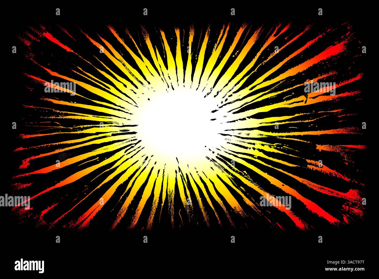 Papier peint peint peint à la main avec des coups de pinceau grossiers en forme d'étoile allant du blanc au jaune au rouge sur un fond noir. Banque D'Images