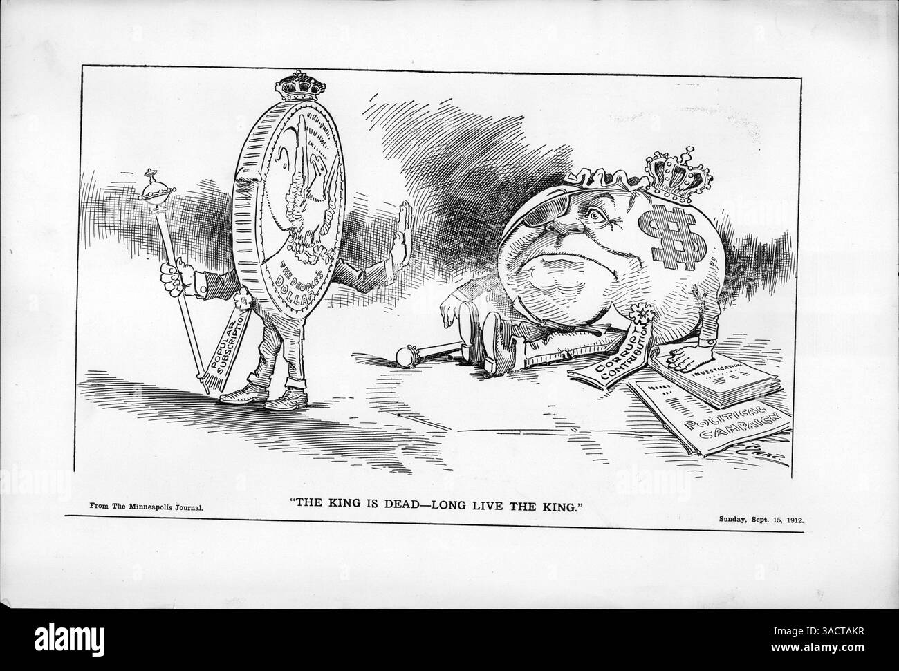 L'image représente une pièce étiquetée Dollar du peuple portant une couronne et tenant un sceptre. Il fait ses adieux à un sac d'argent, étiqueté contributions corrompues, qui est représenté avec une couronne et un sceptre, paraissant triste. La pièce représente la décision du Parti démocrate de n'accepter que les dons publics, comme annoncé une semaine auparavant. Banque D'Images