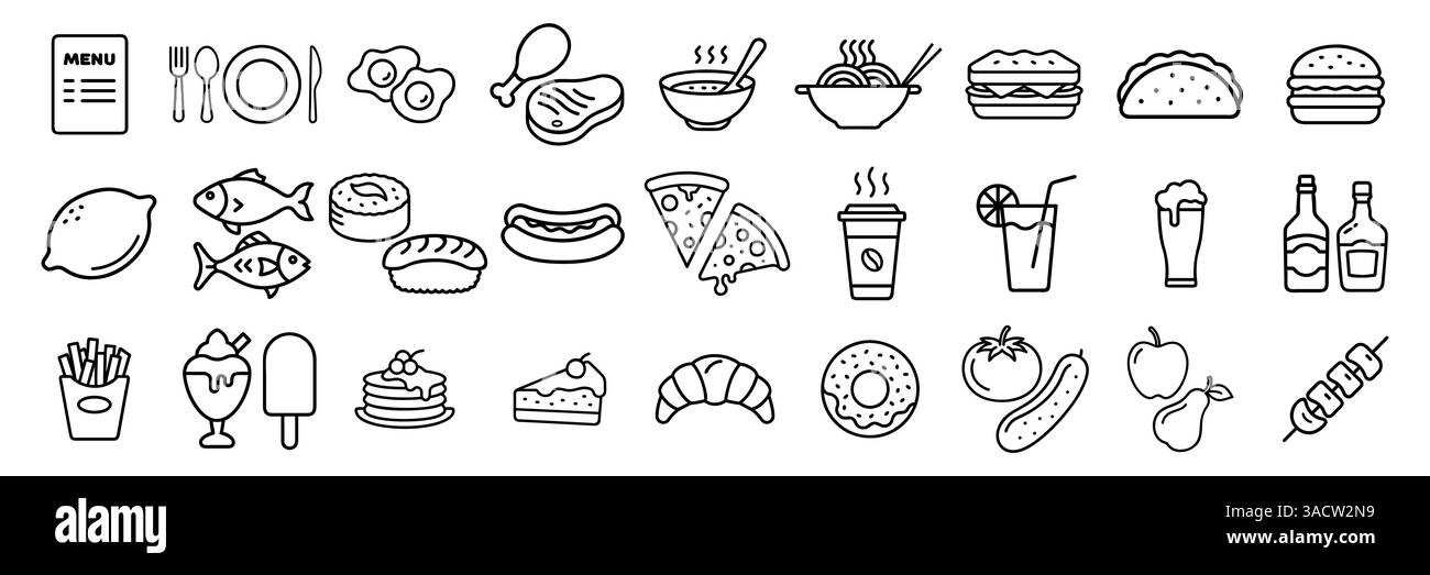 Icônes de nourriture définies. Hamburger, snacks rapides, sandwich, frites, hot dog, burrito mexicain, illustrations vectorielles de pizza. Panneaux minces pour le menu du restaurant Illustration de Vecteur