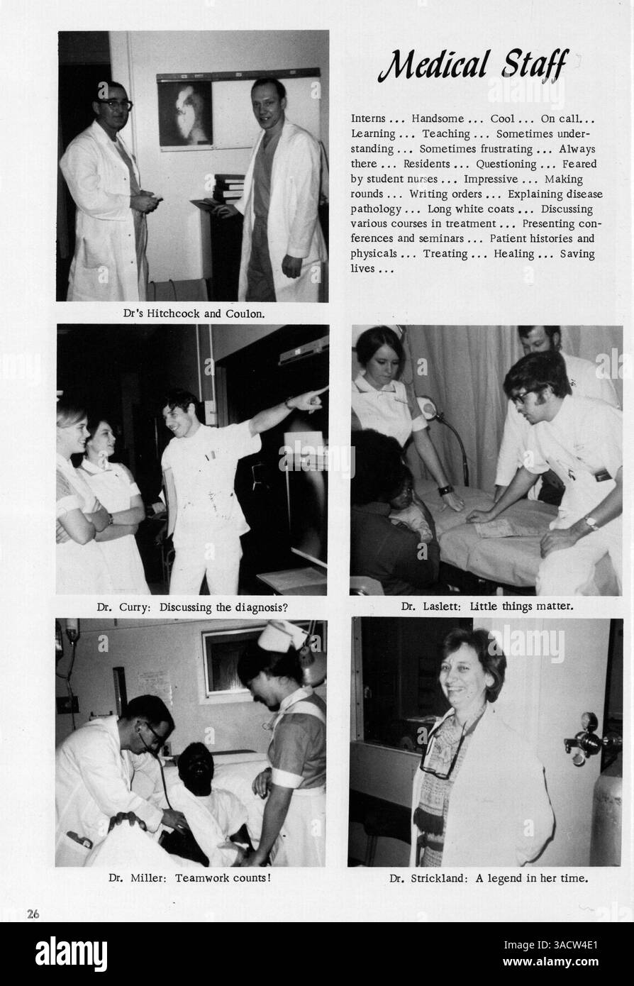 Cet annuaire 1970 Lamp Seventy de la Hennepin General Hospital School of Nursing met en lumière les étudiants, les enseignants et les événements de l'année scolaire 1969-1970 en mettant l'accent sur la formation en soins infirmiers, les réalisations des étudiants et la formation en soins de santé. Banque D'Images