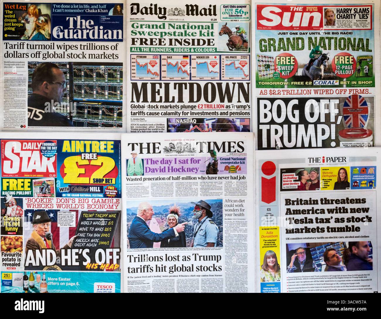 4 avril 2025. Une sélection de titres de journaux britanniques donnent leur opinion sur les tarifs américains de Trump. Banque D'Images