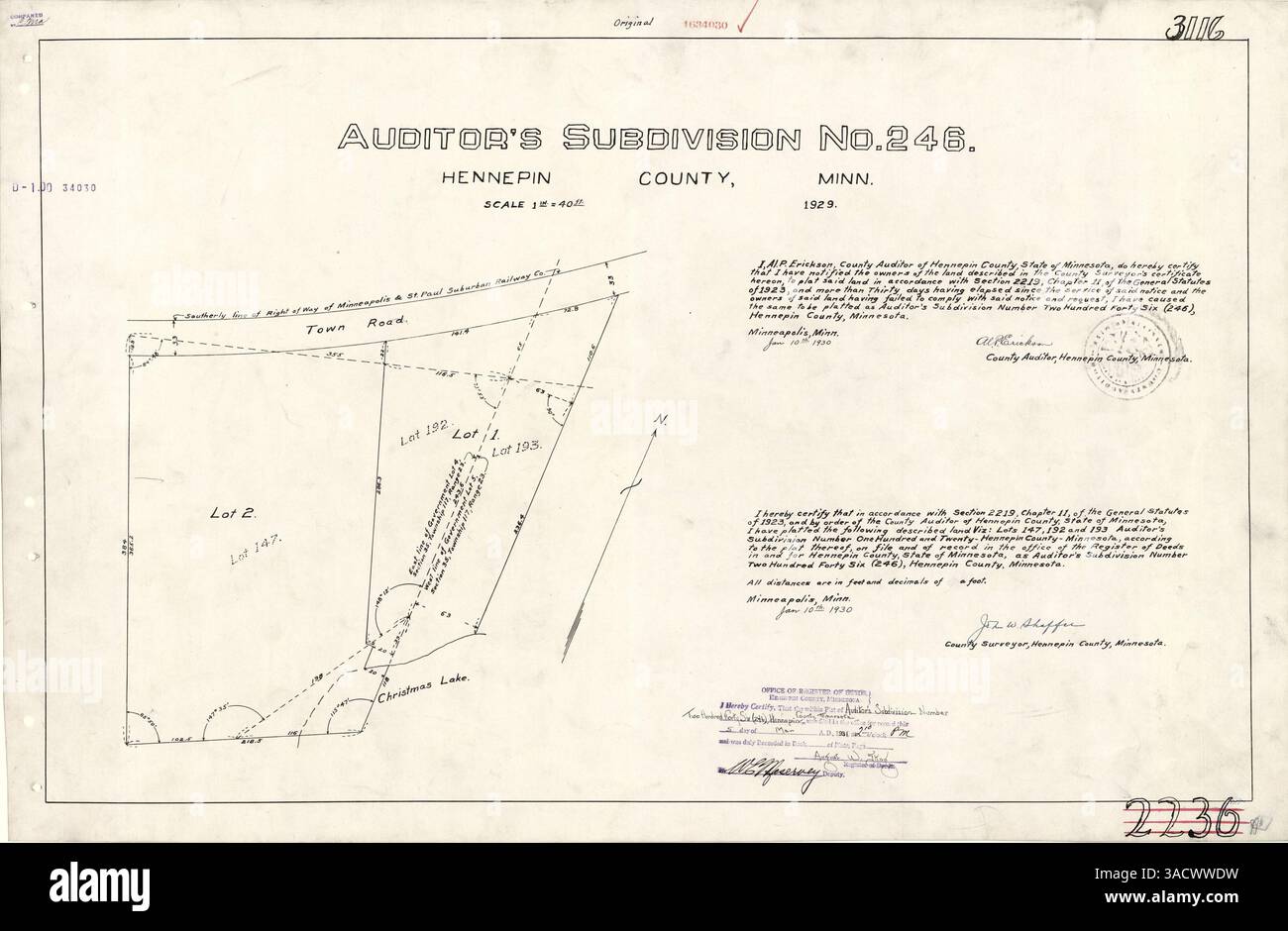 La carte de la subdivision du vérificateur numéro 246 de 1929 montre la disposition détaillée des divisions foncières dans le comté de Hennepin, Minnesota. Banque D'Images