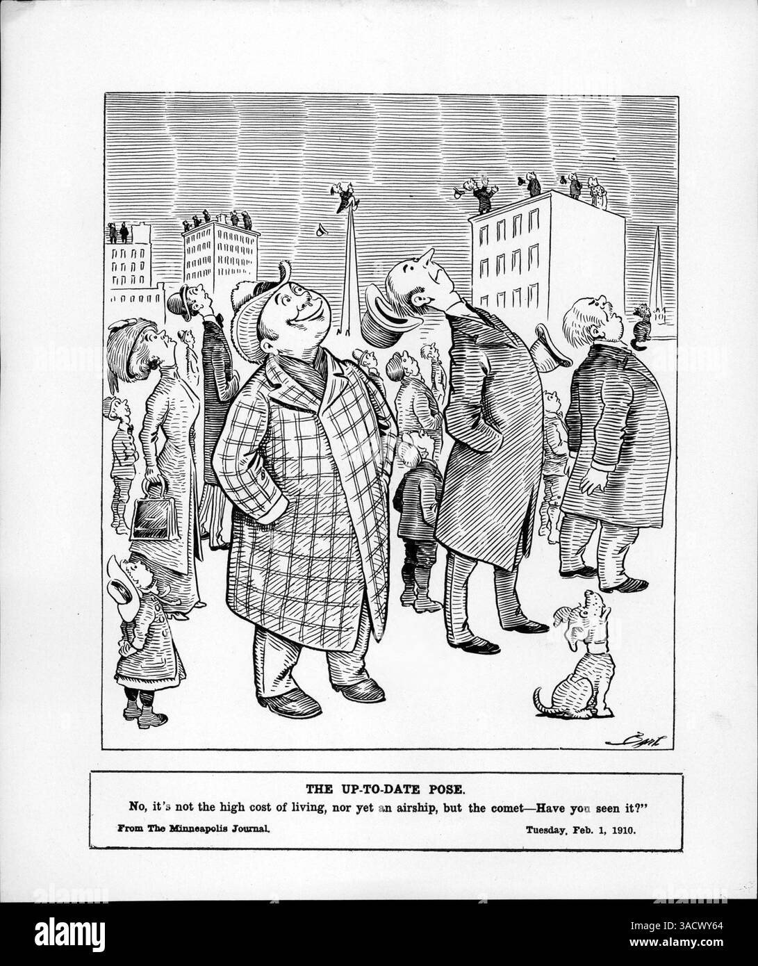 L'image représente des gens qui se lèvent le cou vers le haut pour observer un phénomène céleste. Cela fait référence à la visibilité d'une comète de jour en janvier 1910 ou à l'arrivée prévue de la comète de Halley en avril 1910. Banque D'Images