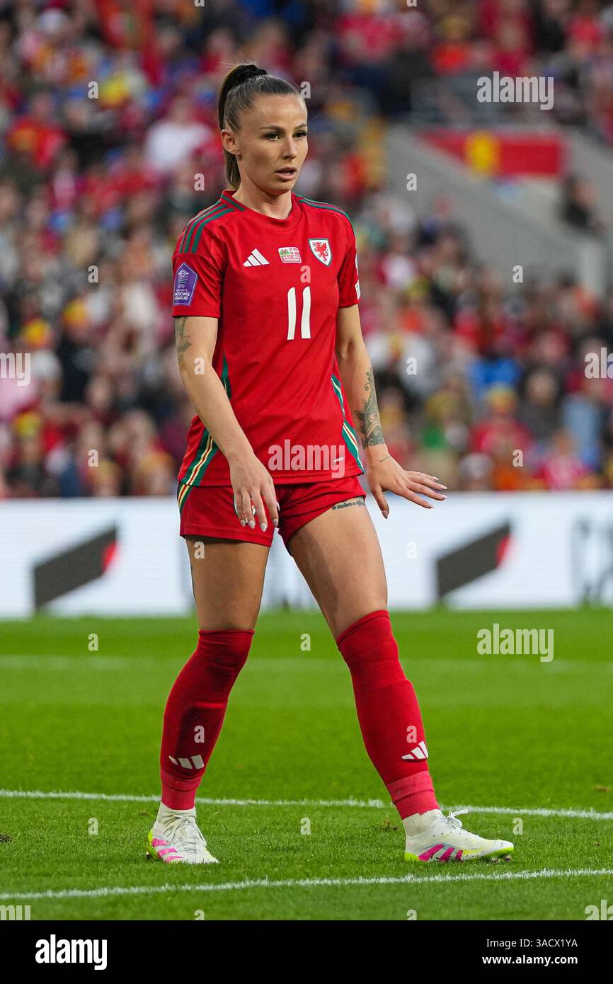 Cardiff, pays de Galles, Royaume-Uni. 4 avril 2025. Hannah Cain du pays de Galles lors du match du Groupe A4 de la Ligue des Nations féminines de l’UEFA opposant le pays de Galles au Danemark au stade de Cardiff City. Crédit Glitch images/Alamy Live News Banque D'Images