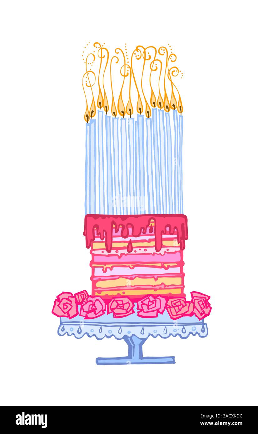 Gâteau d'anniversaire coloré dessiné à la main avec de nombreuses bougies bleues, glaçage rose et roses. Idéal pour les invitations de fête, les dessins d'enfants, les cartes de voeux Banque D'Images
