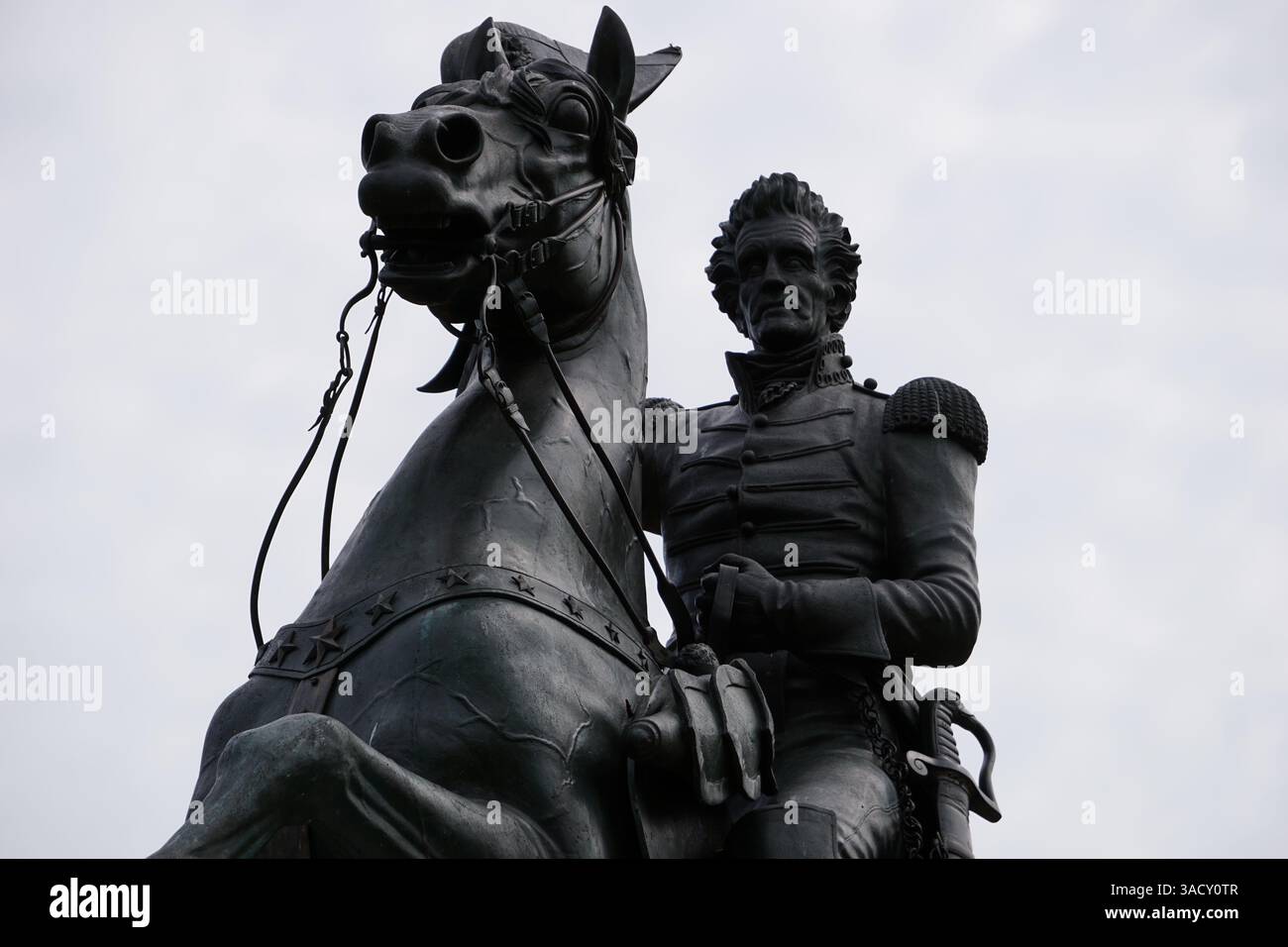 Gros plan portrait de la statue équestre du président américain historique Andrew Jackson à cheval devant la Maison Blanche, Washington DC Banque D'Images