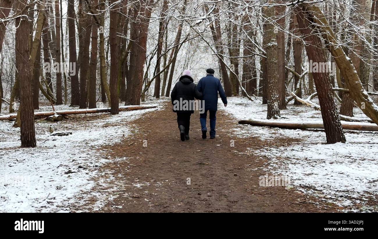 Couple mûr allant sur le chemin enneigé à la forêt de pins d'hiver. Mari senior et femme marchant à travers le sentier dans la forêt de conifères. Ancienne paire de Banque D'Images