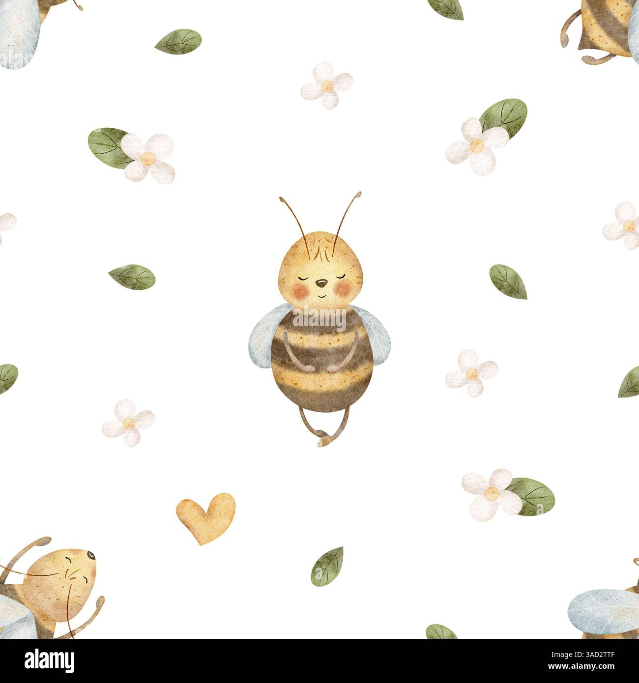Les abeilles à miel à motif volent parmi les fleurs sauvages, les feuilles de camomille. Aquarelle illustration dessinée à la main. Impression sans couture sur fond pour textile pour enfants Banque D'Images